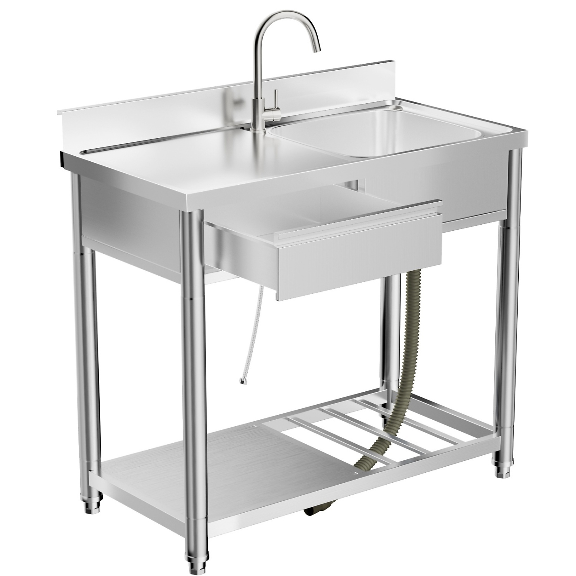 39.30 in. Freestanding Stainless Steel 1-Compartment Commercial Kitchen Sink with Faucet, Basin, Legs, and Undershelf